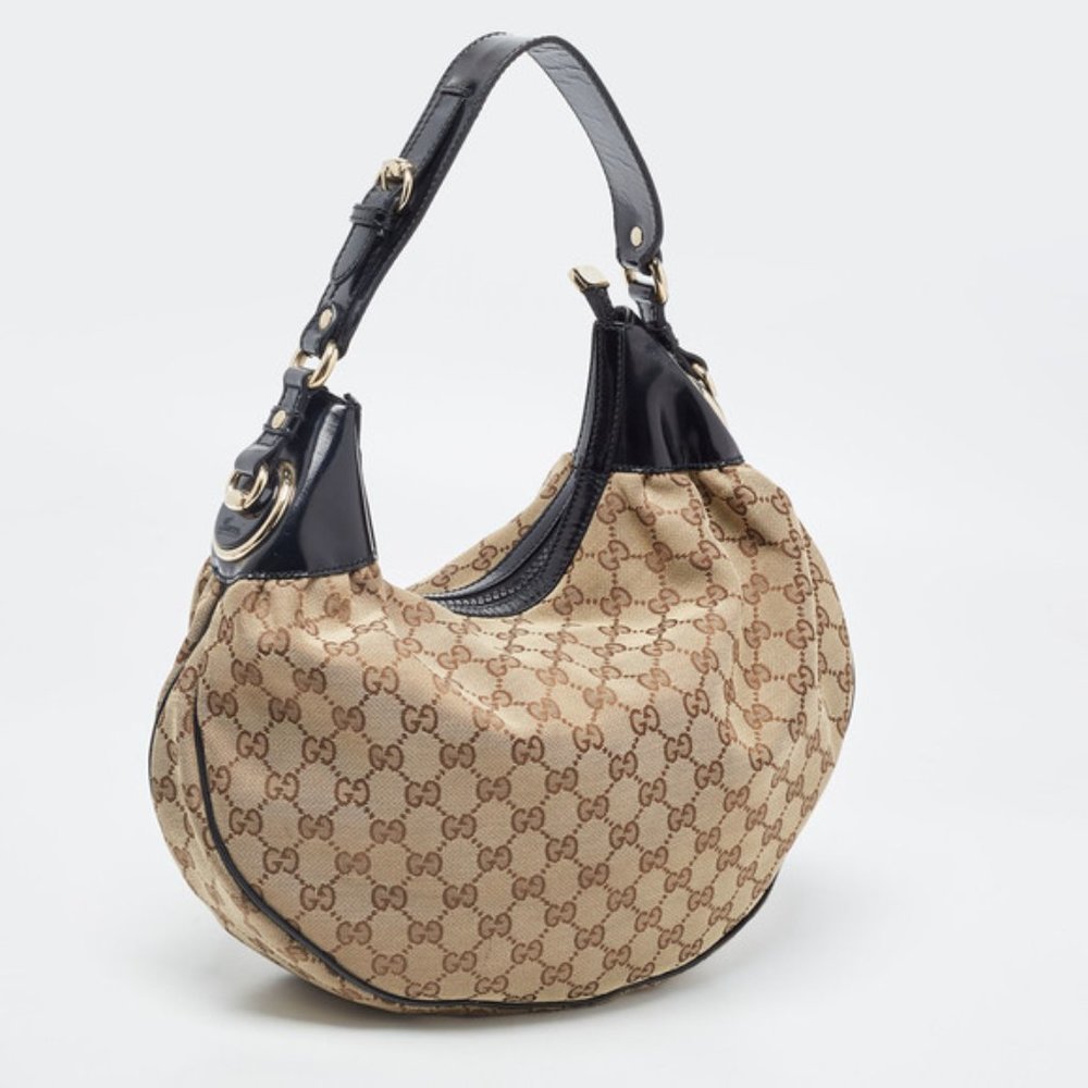 Authentic Gucci Beige/Black GG Canvas Medium Full Moon Hobo